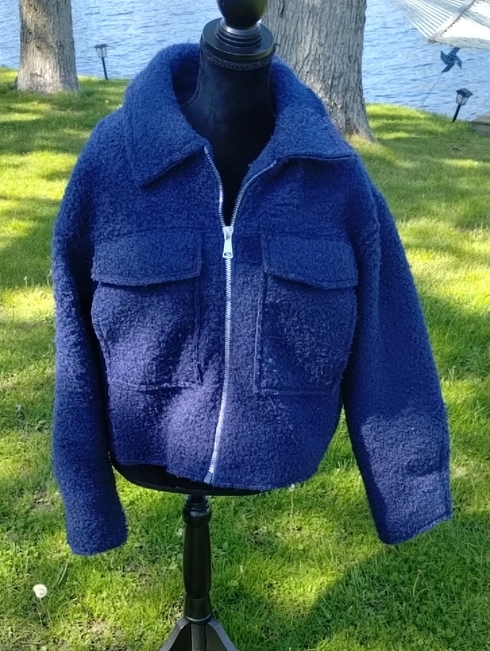 Cozy Navy Teddy Zip Jacket with Chest Pockets
